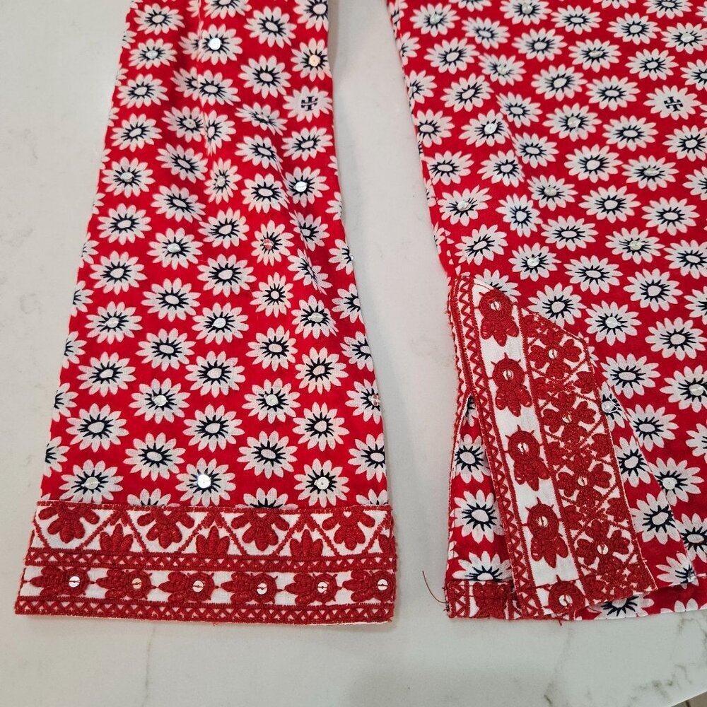 Tory Burch Red Jayne Mod Flower-Print Sequin Lace Tunic Size 8 Boho - Picture 5 of 11